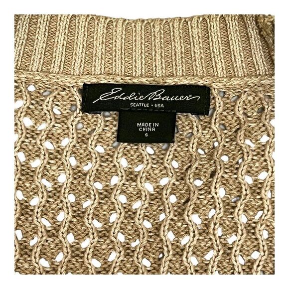 EDDIE BAUER Cardigan Sweater M Natural Beige Open Knit Button Layer Beach V-Neck - Picture 3 of 12